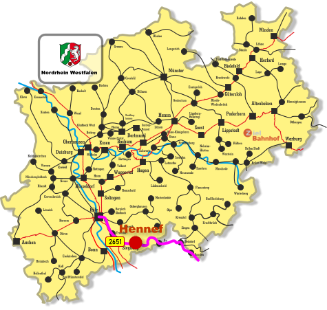 Unna-Königsborn Letmathe Iserlohn Castrop- Rauxel Unna Himmighausen Rheydt Remscheid Bergisch Gladbach Bocholt Borken Dorsten Wesel Xanten Mönchengladbach Kleve Viersen Emmerich Münster Warburg Altenbeken Paderborn Lippstadt Soest Siegburg Aachen Haan Ratingen Bonn Minden Herford Bielefeld Gütersloh Hamm Dortmund Duisburg Essen Mülheim Oberhausen Bochum Hagen Wuppertal Solingen Düsseldorf Köln Gronau Lünen Bottrop Gladbeck West Herne Reckling- hausen Kaldenkirchen Neuss Krefeld Grevenbroich Horrem Düren Kall Hellenthal Heimbach Linnich Euskirchen Bad Münstereifel Au Marienheide Lüdenscheid Fröndenberg Rüthen Warstein Lippborg- Heintrop Neubeckum Ennigerloh Neuenrade Sundern Neheim- Hüsten Finnentrop Olpe Schwerte Wanne-Eickel Meschede Winterberg Brilon Stadt Brilon Wald Siegen Kreuztal Waldbröhl Osberghausen Betzdorf Daaden Erndtbrück Troisdorf Bad Berleburg Ottbergen Dülmen Coesfeld Löhne Lage Lemgo Brackwede Rheda- Wiedenbrück Bad Rothenfelde Bünde Lengerich Rheine Rahden Hattingen Velbert Rösrath 2651 Nordrhein Westfalen Hennef