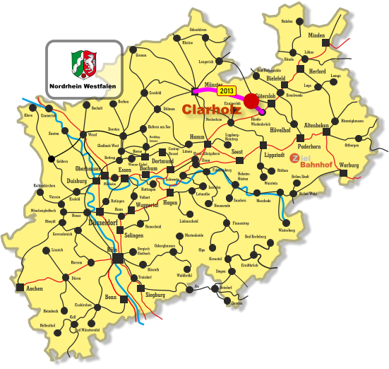 Unna-Königsborn Letmathe Iserlohn Castrop- Rauxel Unna Himmighausen Rheydt Remscheid Bergisch Gladbach Bocholt Borken Dorsten Wesel Xanten Mönchengladbach Kleve Viersen Emmerich Münster Warburg Altenbeken Paderborn Lippstadt Soest Siegburg Aachen Haan Ratingen Bonn Minden Herford Bielefeld Gütersloh Hamm Dortmund Duisburg Essen Mülheim Oberhausen Bochum Hagen Wuppertal Solingen Düsseldorf Köln Gronau Lünen Bottrop Gladbeck West Herne Reckling- hausen Kaldenkirchen Neuss Krefeld Grevenbroich Horrem Düren Kall Hellenthal Heimbach Linnich Euskirchen Bad Münstereifel Au Marienheide Lüdenscheid Fröndenberg Rüthen Warstein Ibbenbüren Lippborg- Heintrop Neubeckum Ennigerloh Neuenrade Sundern Neheim- Hüsten Finnentrop Olpe Schwerte Hövelhof Wanne-Eickel Meschede Winterberg Brilon Stadt Brilon Wald Siegen Kreuztal Waldbröhl Osberghausen Betzdorf Daaden Erndtbrück Troisdorf Bad Berleburg Geldern Ottbergen Dülmen Coesfeld Löhne Lage Lemgo Brackwede Rheda- Wiedenbrück Bad Rothenfelde Bünde Lengerich Rheine Rahden Hattingen Velbert Haltern am See Rösrath 2013 Nordrhein Westfalen Clarholz