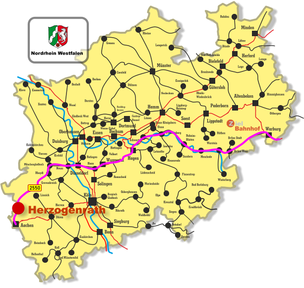 Unna-Königsborn Letmathe Iserlohn Castrop- Rauxel Unna Himmighausen Rheydt Remscheid Bergisch Gladbach Bocholt Borken Dorsten Wesel Xanten Mönchengladbach Kleve Viersen Emmerich Münster Warburg Altenbeken Paderborn Lippstadt Soest Siegburg Aachen Haan Ratingen Bonn Minden Herford Bielefeld Gütersloh Hamm Dortmund Duisburg Essen Mülheim Oberhausen Bochum Hagen Wuppertal Solingen Düsseldorf Köln Gronau Lünen Bottrop Gladbeck West Herne Reckling- hausen Kaldenkirchen Neuss Krefeld Grevenbroich Horrem Düren Kall Hellenthal Heimbach Linnich Euskirchen Bad Münstereifel Au Marienheide Lüdenscheid Fröndenberg Rüthen Warstein Lippborg- Heintrop Neubeckum Ennigerloh Neuenrade Sundern Neheim- Hüsten Finnentrop Olpe Schwerte Wanne-Eickel Meschede Winterberg Brilon Stadt Brilon Wald Siegen Kreuztal Waldbröhl Osberghausen Betzdorf Daaden Erndtbrück Bad Berleburg Ottbergen Dülmen Coesfeld Löhne Lage Lemgo Brackwede Rheda- Wiedenbrück Bad Rothenfelde Bünde Lengerich Rheine Rahden Hattingen Velbert Rösrath 2550 Nordrhein Westfalen Herzogenrath