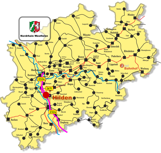 Unna-Königsborn Letmathe Iserlohn Castrop- Rauxel Unna Himmighausen Rheydt Remscheid Bergisch Gladbach Bocholt Borken Dorsten Wesel Xanten Mönchengladbach Kleve Viersen Emmerich Münster Warburg Altenbeken Paderborn Lippstadt Soest Siegburg Aachen Haan Ratingen Bonn Minden Herford Bielefeld Gütersloh Hamm Dortmund Duisburg Essen Mülheim Oberhausen Bochum Hagen Wuppertal Solingen Düsseldorf Köln Gronau Lünen Bottrop Gladbeck West Herne Reckling- hausen Kaldenkirchen Neuss Krefeld Grevenbroich Horrem Düren Kall Hellenthal Heimbach Linnich Euskirchen Bad Münstereifel Au Marienheide Lüdenscheid Fröndenberg Rüthen Warstein Lippborg- Heintrop Neubeckum Ennigerloh Neuenrade Sundern Neheim- Hüsten Finnentrop Olpe Schwerte Wanne-Eickel Meschede Winterberg Brilon Stadt Brilon Wald Siegen Kreuztal Waldbröhl Osberghausen Betzdorf Daaden Erndtbrück Troisdorf Bad Berleburg Ottbergen Dülmen Coesfeld Löhne Lage Lemgo Brackwede Rheda- Wiedenbrück Bad Rothenfelde Bünde Lengerich Rheine Rahden Hattingen Velbert Rösrath 2671 2324 2324 Nordrhein Westfalen Hilden