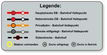 Legende: Hauptstrecke DB - Bahnhof Haltepunkt Nebenstrecke DB - Bahnhof Haltepunkt Privatbahn - Bahnhof Haltepunkt Zeche stillgelegt Zeche in Betrieb Strecke stillgelegt - Bahnhof Haltepunkt  Station vorhanden Güterstrecke - Bahnhof