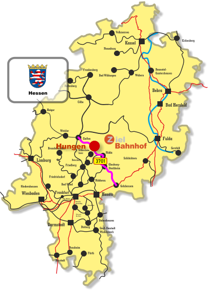 Baunatal- Guntershausen Bebra Kassel Wiesbaden Darmstadt Bad Hersfeld Fulda Hanau Limburg Frankfurt Wetzlar Gießen Haiger Cölbe Frankenberg Battenberg Eichenberg Volkmarsen Naumburg Bad Wildungen Wabern Gersfeld Schlüchtern Friedberg Niedernhausen Friedrichsdorf Brandoberndorf Nidda Beienheim Wölfersheim- Södel Gelnhausen Glauburg- Stockheim Nidderau Bad Vilbel Babenhausen Dieburg Dietzenbach Rödermark- Ober Roden Dreieich- Buchschlag Groß-Umstadt Wiebelsbach Fürth Bensheim Bürstadt Ffm-Höchst 3701 Hungen Hessen