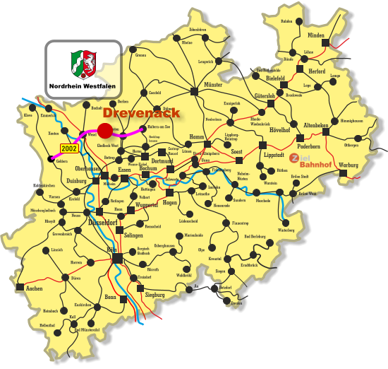 Unna-Königsborn Letmathe Iserlohn Castrop- Rauxel Unna Himmighausen Rheydt Remscheid Bergisch Gladbach Bocholt Borken Dorsten Wesel Xanten Mönchengladbach Kleve Viersen Emmerich Münster Warburg Altenbeken Paderborn Lippstadt Soest Siegburg Aachen Haan Ratingen Bonn Minden Herford Bielefeld Gütersloh Hamm Dortmund Duisburg Essen Mülheim Oberhausen Bochum Hagen Wuppertal Solingen Düsseldorf Köln Gronau Lünen Bottrop Gladbeck West Herne Reckling- hausen Kaldenkirchen Neuss Krefeld Grevenbroich Horrem Düren Kall Hellenthal Heimbach Linnich Euskirchen Bad Münstereifel Au Marienheide Lüdenscheid Fröndenberg Rüthen Warstein Ibbenbüren Lippborg- Heintrop Neubeckum Ennigerloh Neuenrade Sundern Neheim- Hüsten Finnentrop Olpe Schwerte Hövelhof Wanne-Eickel Meschede Winterberg Brilon Stadt Brilon Wald Siegen Kreuztal Waldbröhl Osberghausen Betzdorf Daaden Erndtbrück Troisdorf Bad Berleburg Geldern Ottbergen Dülmen Coesfeld Löhne Lage Lemgo Brackwede Rheda- Wiedenbrück Bad Rothenfelde Bünde Lengerich Rheine Rahden Hattingen Velbert Haltern am See Rösrath 2002 Nordrhein Westfalen Drevenack